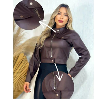 Jaqueta De Couro Sintetico Com Ziper Inverno PretaTendencia 2025cim bolsofalsomarrombranca