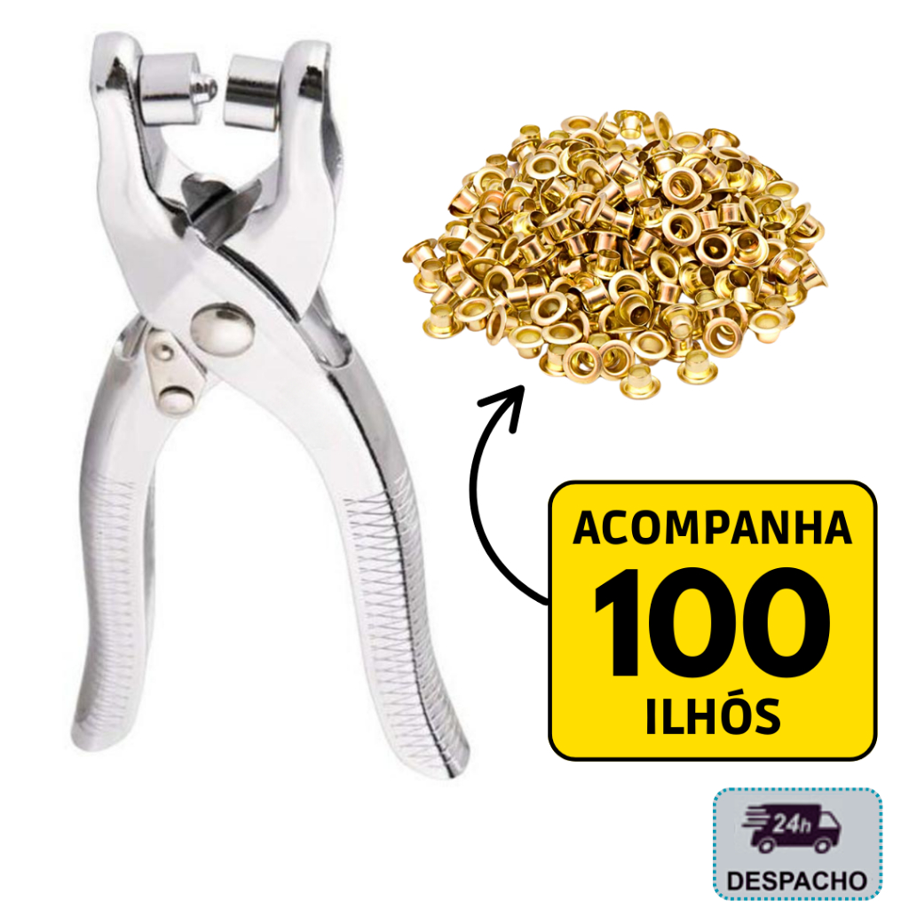 Alicate Aplicador de Ilhos Perfurador Com 100 Ilhoses Artesanal Para Botões Tênis Cintos