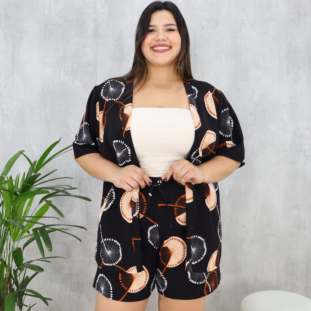 Conjunto Feminino Plus Size Kimono e Short Duna Elastico na Cintura ...