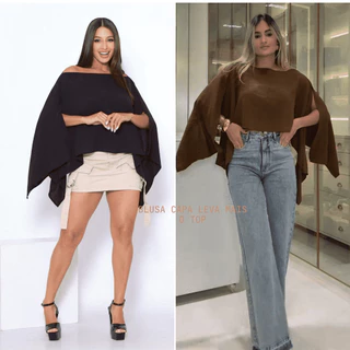 Blusa Capa Feminina Multiformas Manga Morcego Tendência Boho Chic bem mas top tem Bojo