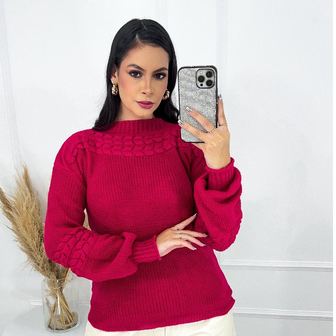 Blusa Bloco Feminina Tricô Tricot Manga Longa Versatil Outono/Inverno ...