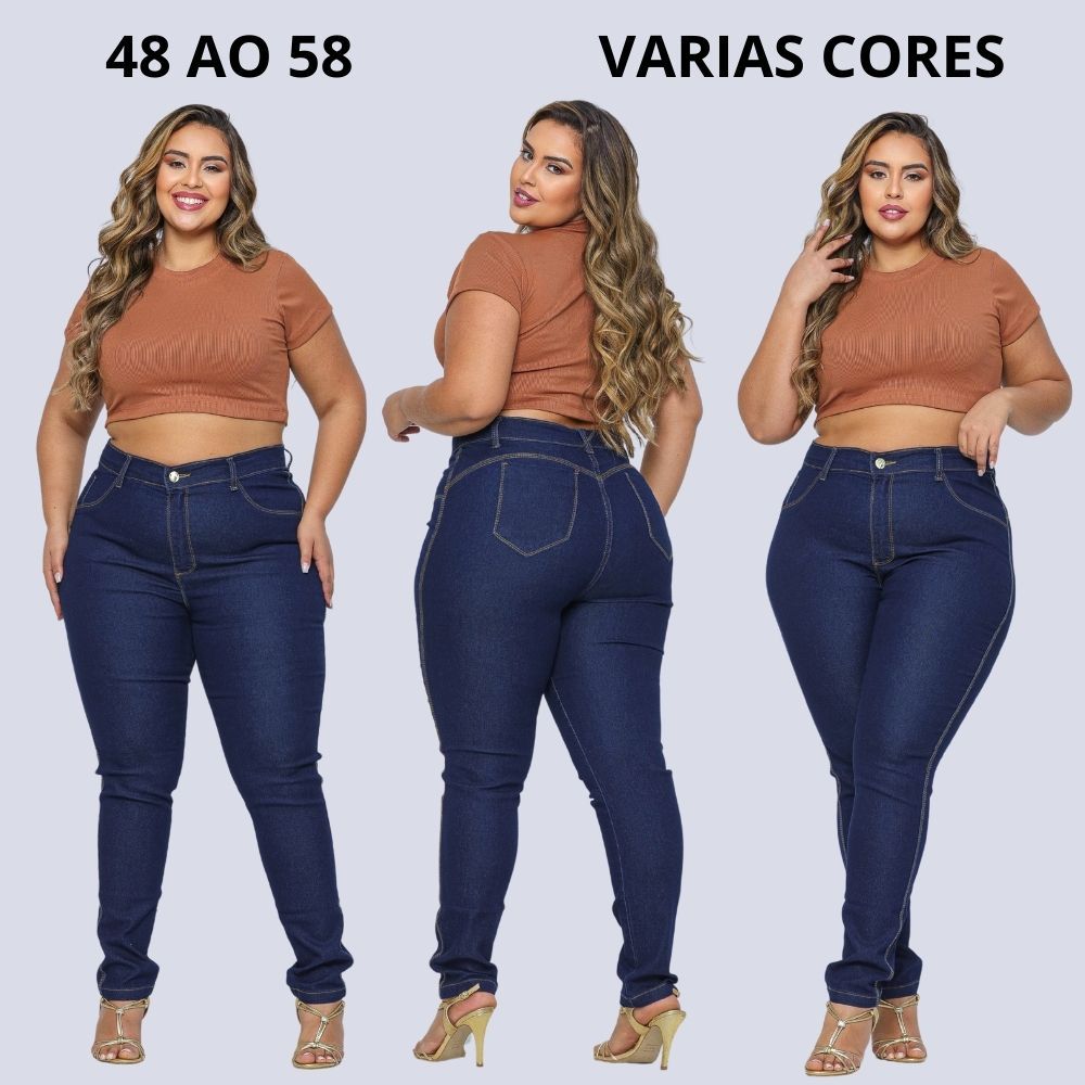 Calça jeans feminina plus size elastano premium cintura alta lycra strech curve