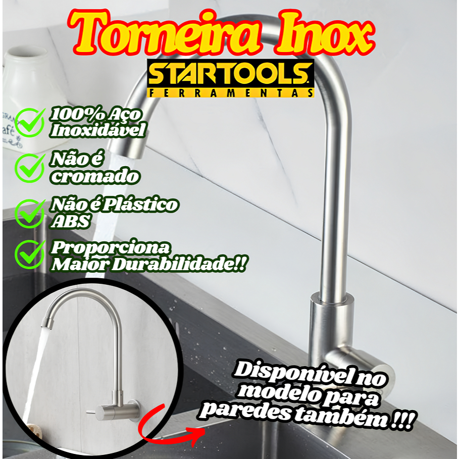 Torneira 100% Aço Inox Para Mesa 35Cm Ou Parede 30Cm Giratória Longa ...