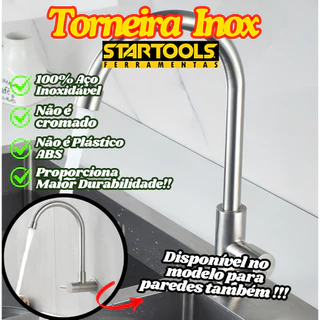 Torneira 100% Aço Inox Para Mesa 35Cm Ou Parede 30Cm Giratória Longa Para Cozinha Curva Startools em Oferta na Shopee