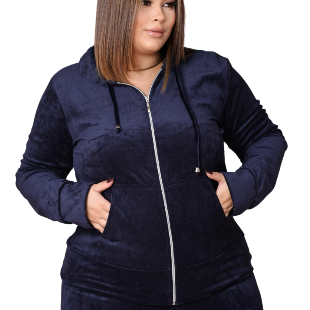 Blusa Veludo Plush Outono Inverno Capuz Bolso Casaco Feminino