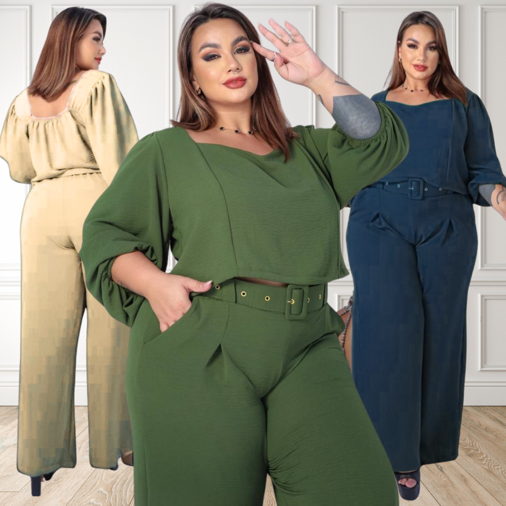Conjunto Pantalona Plus Size Feminino Calça Blusa Cinto Festas Elegante ...