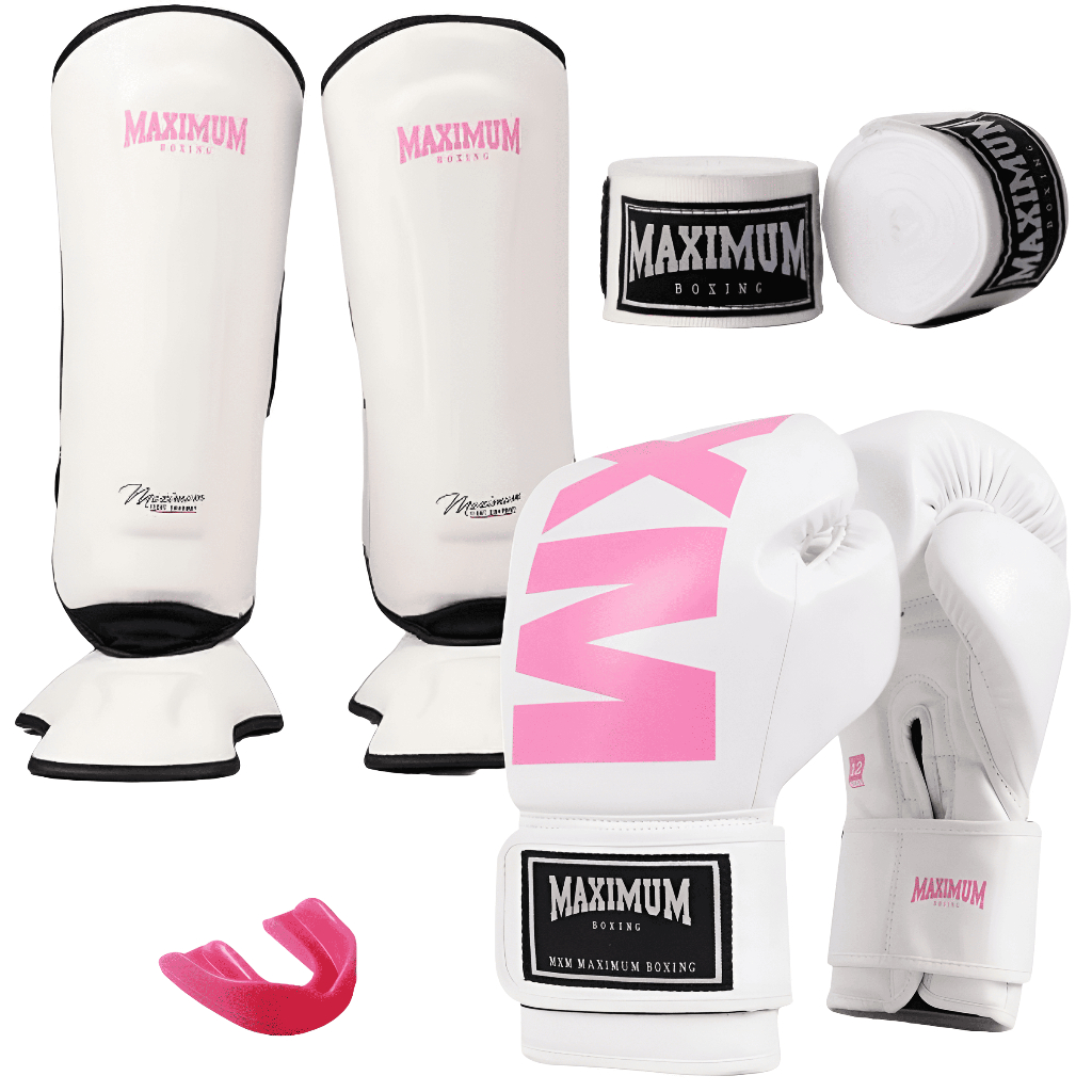 KIT LUVA MUAY THAI MXM BRANCA/ROSA + CANELEIRA MUAY THAI CLASSIC BRANCA ...