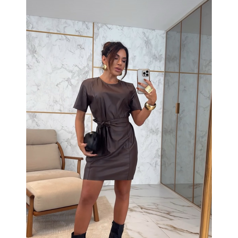 Vestido Couro Eco Com Cinto|Dress Couro Ecológico Couro Fake