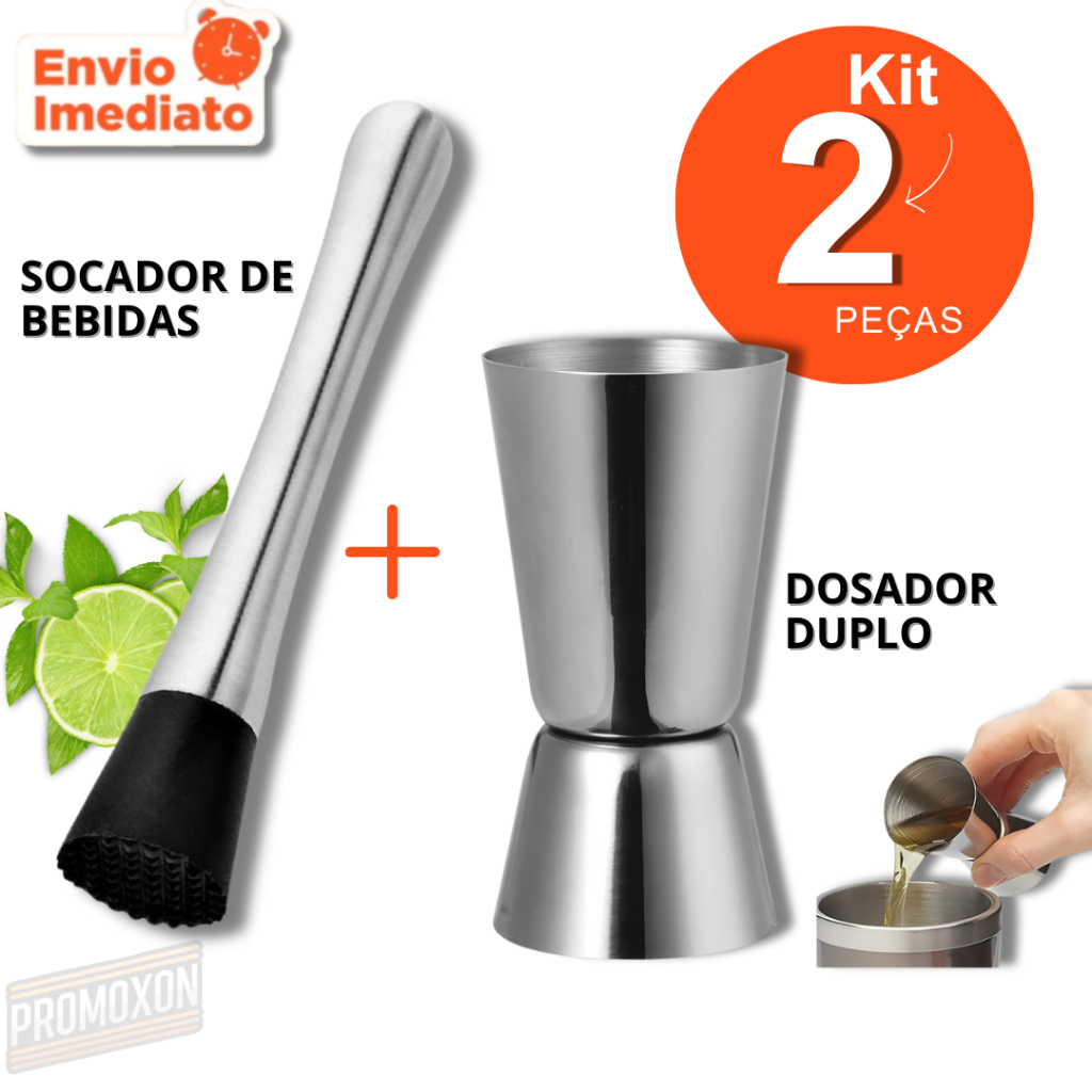 Kit Drinks Inox 2 em 1 | Dosador Duplo 25/50ml + Socador Profissional 21cm