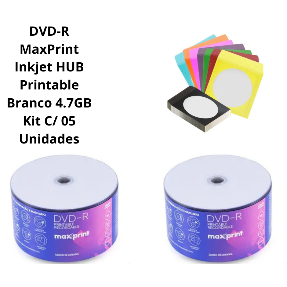 DVD-R MaxPrint Inkjet HUB Printable Branco 4.7GB Kit C/ 05 Unidades ...