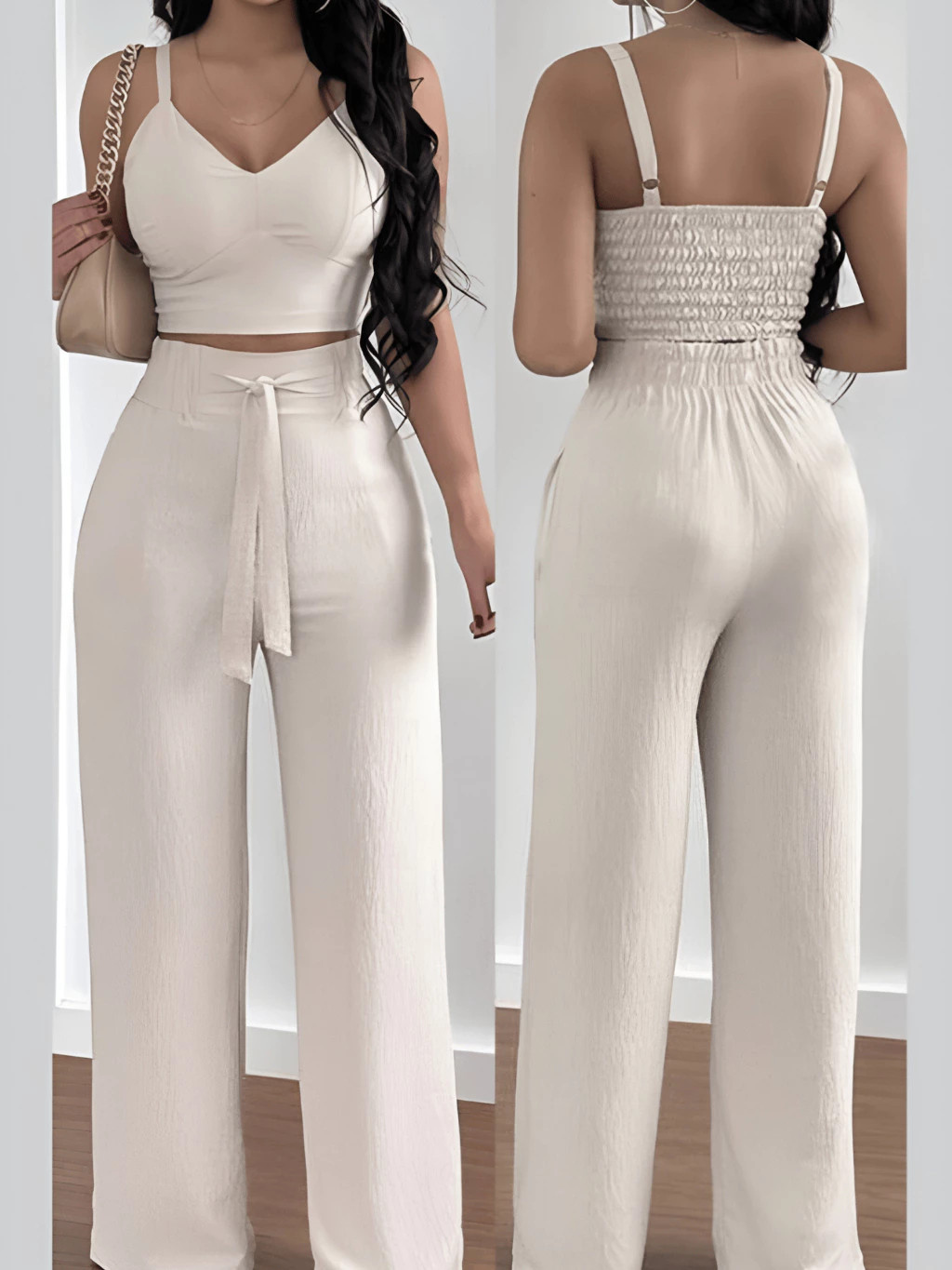 Conjunto Feminino Duna Areia Calça Pantalona e Cropped com Bojo Alça Regulável