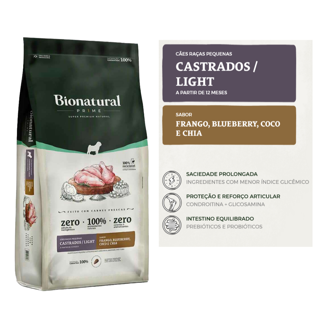 Ração Bionatural Prime Cães Adultos Castrados Light Raças Pequenas ...