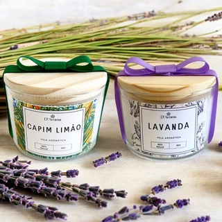 Kit 2 Vela aromática artesanal PREMIUM Vários Aromas com tampa de madeira e laço
