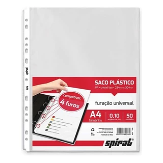 Saco Plástico Para Fichário A4 Furo Universal 0,10mm 50 Unidades