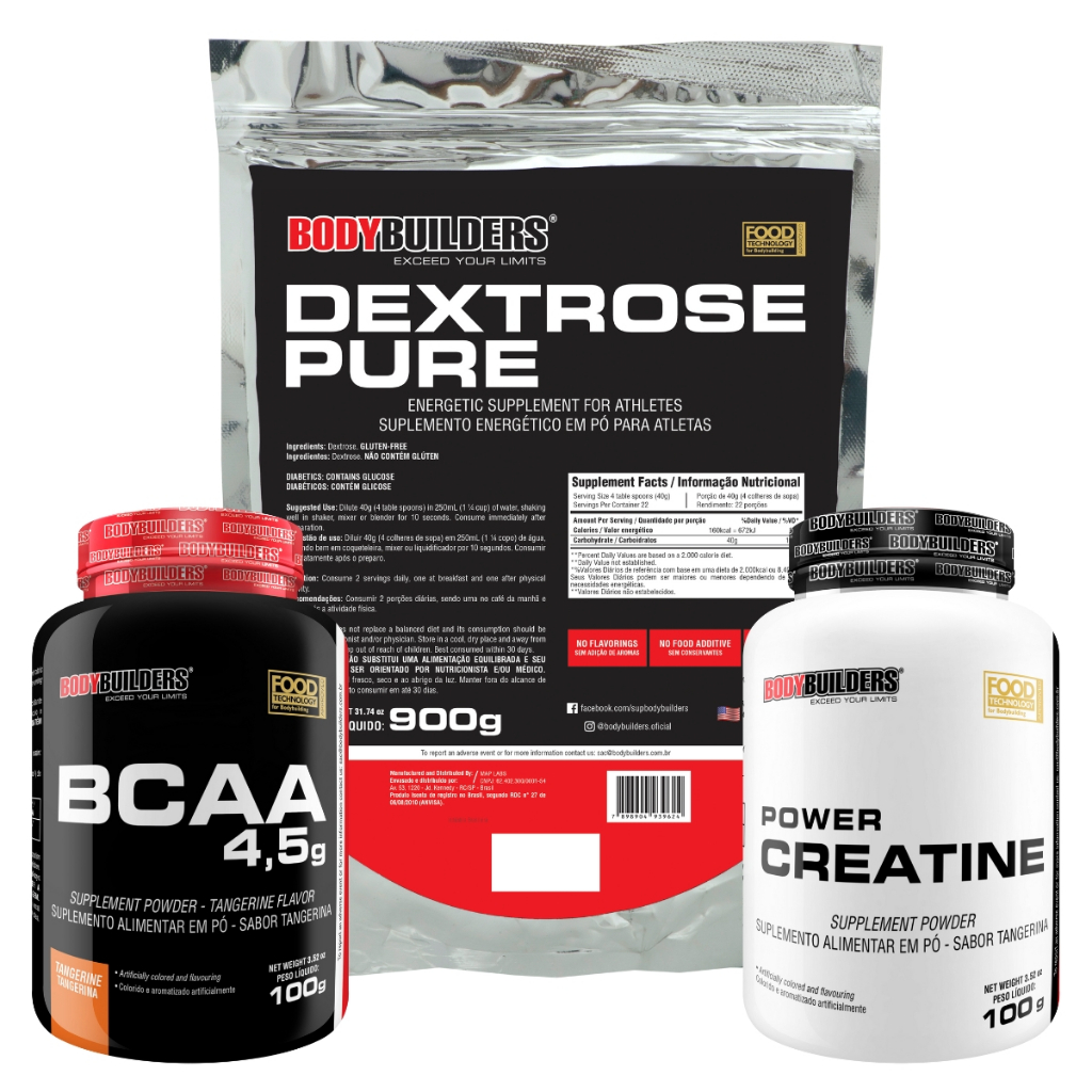 Kit Dextrose 900g + Creatina 100g + BCAA 100g - Bodybuilders | Shopee ...