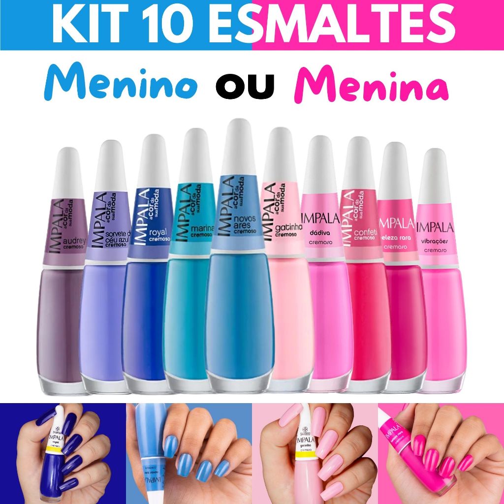 Kit 10 Esmaltes Impala Tons Azul Rosa Cremoso Esmalte Chá Revelação ...