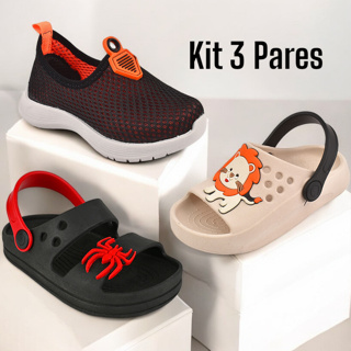 Kit 3 pares Tenis Infantil Escolar Menino e Sandalia Confortavel