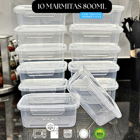 Kit 10 Marmita Potes 800ml com Travas Laterais BPA FREE Alimentos organizadores de congelador