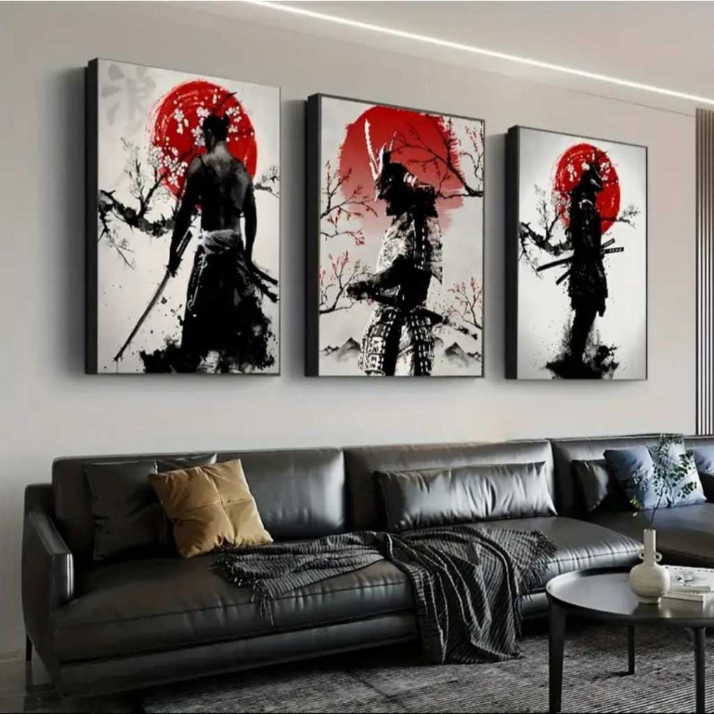 Quadro Decorativo 3 Peças Trio Samurai Artes Maciais Armadura Oriente 120x60
