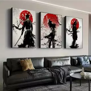 Quadro Decorativo 3 Peças Trio Samurai Artes Maciais Armadura Oriente 120x60