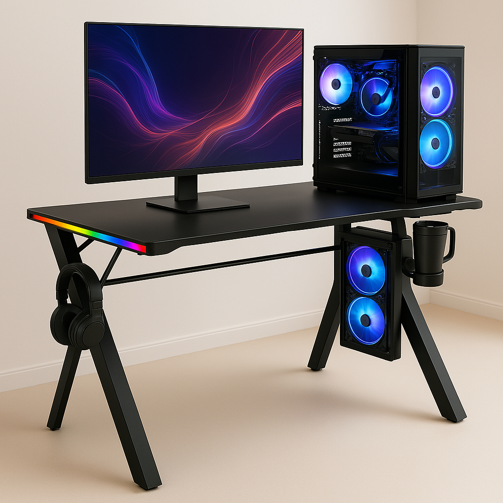 Mesa Gamer Profissional com Led Escrivaninha + Mouse Pad Led RGB + Suporte Headset