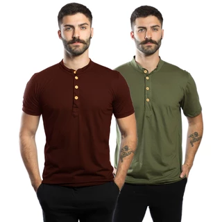 Kit de 2 Camisas Masculinas Henley Gola Padre Manga Curta em Malha Ecológica