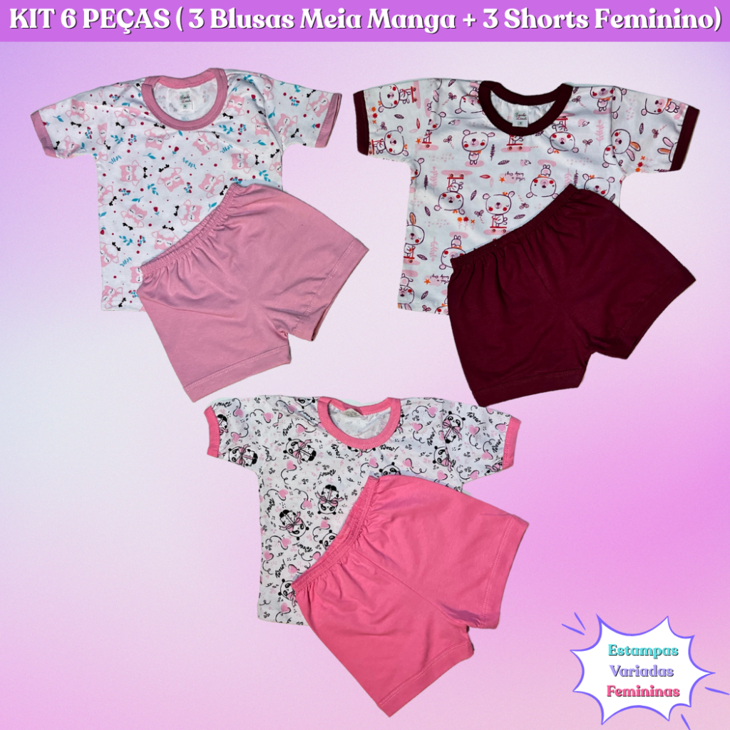 Blusas meia manga estampados e shortinhos lisos 100%algodão roupa de bebe moda infantil em Oferta na Shopee