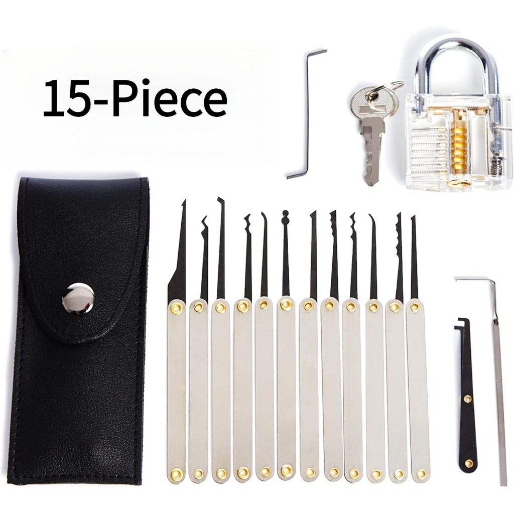 Kit Lockpicking 15 Peças c/ Cadeado Transparente - Iniciante a Expert | Presente Hobbies