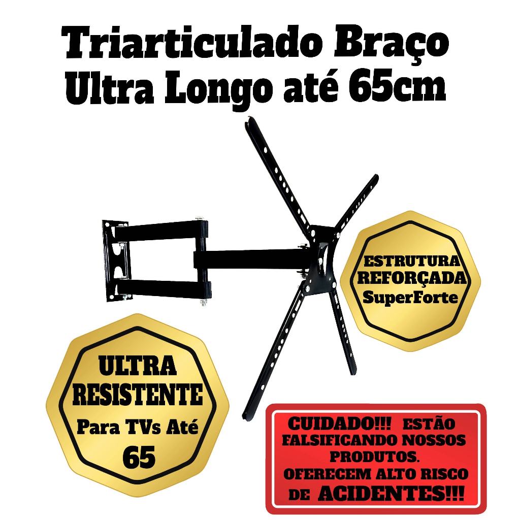 Suporte Tv Parede Braço Longo de 65cm Tri Articulado Com Inclinação Até 65