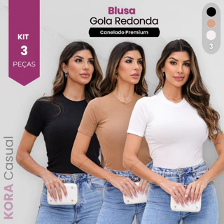 Kit C/3 Blusas Femininas Malha Canelada Gola Redonda Manga Curta Dia das Mães