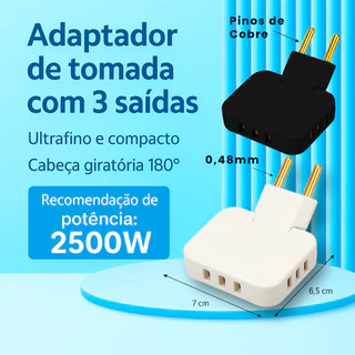 Kit 5 Adaptadores Tomada 3 Saídas 10A 2500w Pino de Cobre Dobrável Articulado Flexível Variações