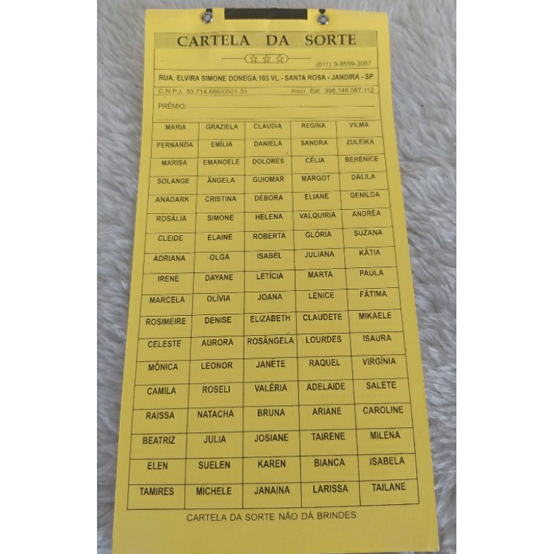 Cartela de Rifa 200 Nomes