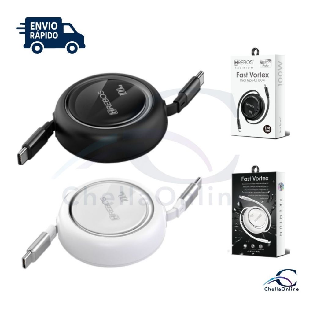 Cabo Retrátil USB Tipo C Turbo Hrebos CB-360C 3.1A 1metro - Original - 100W
