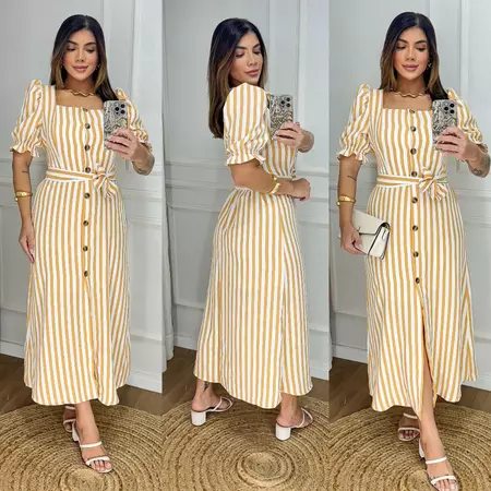 Vestido Longo Listrado com Botões e Cinto - Manga Bufante - Modelo Elegante com Elastex