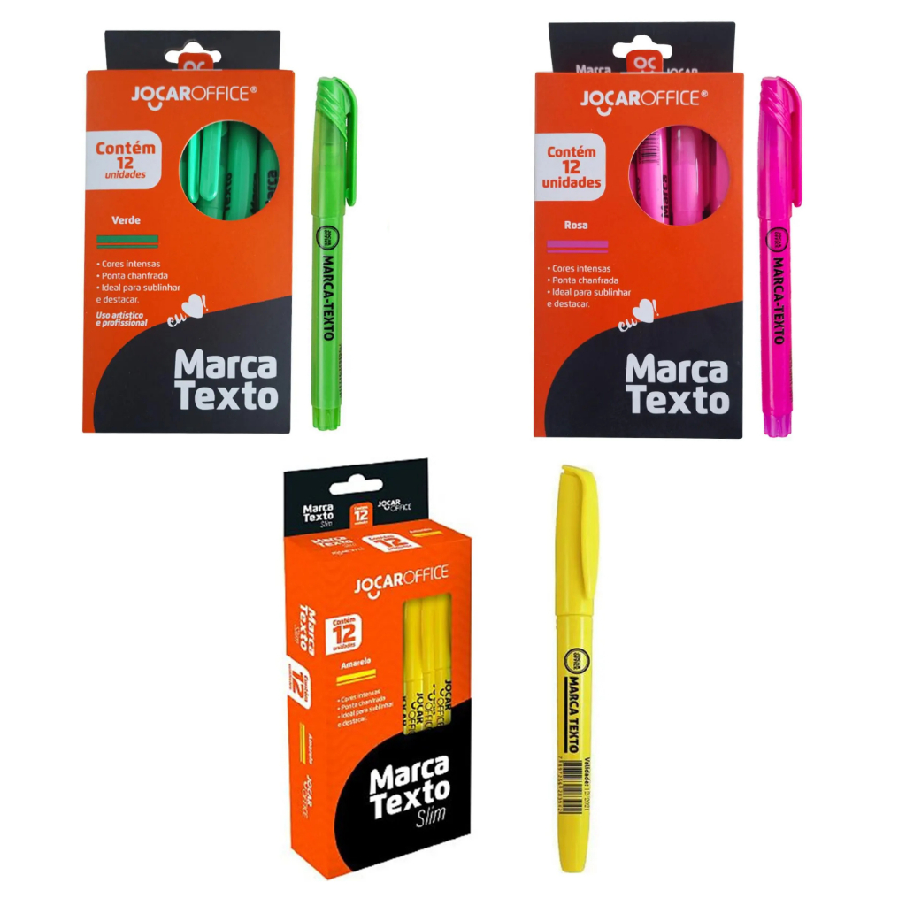 Caixa De Marca Texto Jocar Slim Com 12 Unidades Amarelo Verde E Rosa ...