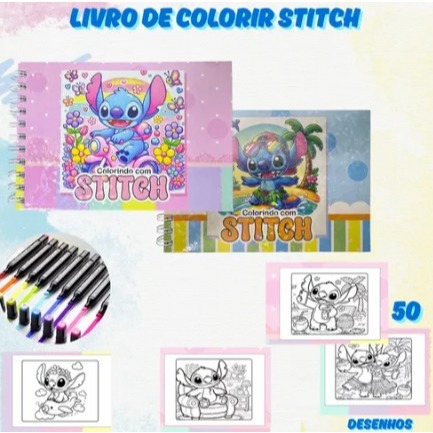 Livro De Colorir Filme Stitch Tipo Bobbie Goods Capa Dura Desenhos Variados Folha Acetato Papel Gramatura 180g