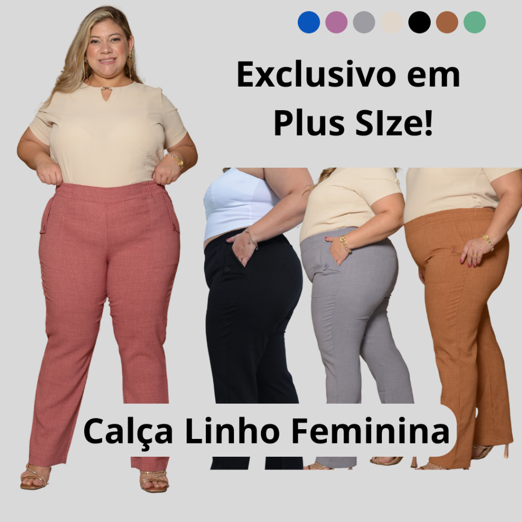Calça Plus Size Feminina - Calça Linho Feminina - Detalhe de Botão ...