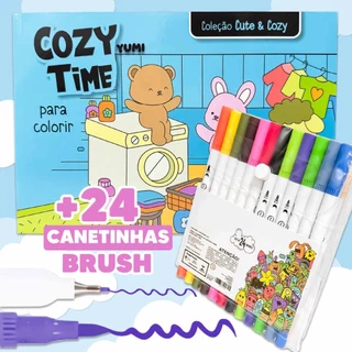 Kit Livro de Colorir Cozy Time Goods + Canetas Marcadores Canetinhas Ponta Dupla Touch Brush Pen em Oferta na Shopee