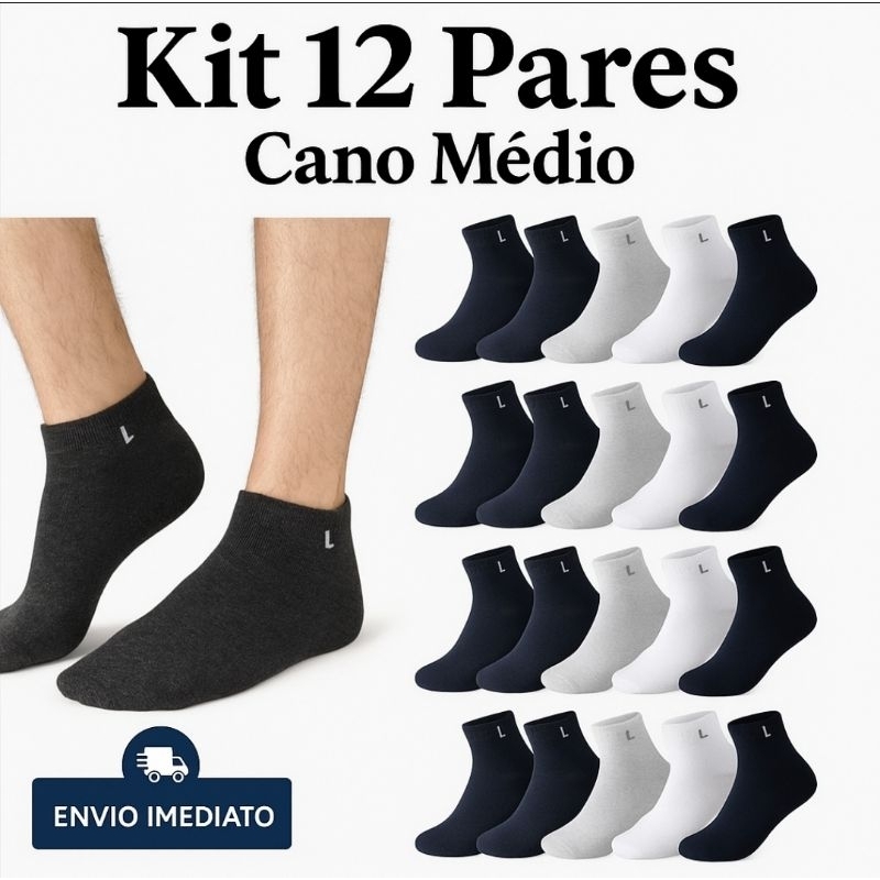 Kit 12 Pares Meias Masculinas Cano Médio de Algodão | Macias e ...