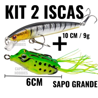 Isca artificial kit 2 unidades isca meia água e sapo grande com anzol duplo traíra pesca dourado tucunaré