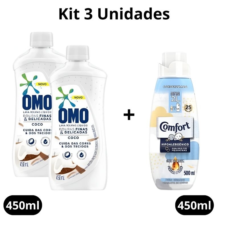 Kit 2 Sabão Líquido Omo Roupas Finas Coco 450ml + 1 Amaciante Comfort Puro Cuidado 500ml