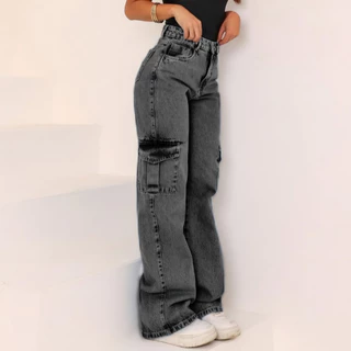 Calça Jeans feminina Wide Leg Marmorizada Pantalona boca larga - cintura alta premium em Oferta na Shopee