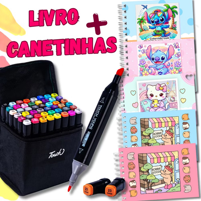 Kit Canetinha e Livro de Pintura Bobbie Goods Stitch Hello Kitty Naruto ...