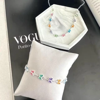 kit colar+pulseira borboletas coloridas folheado a prata 925