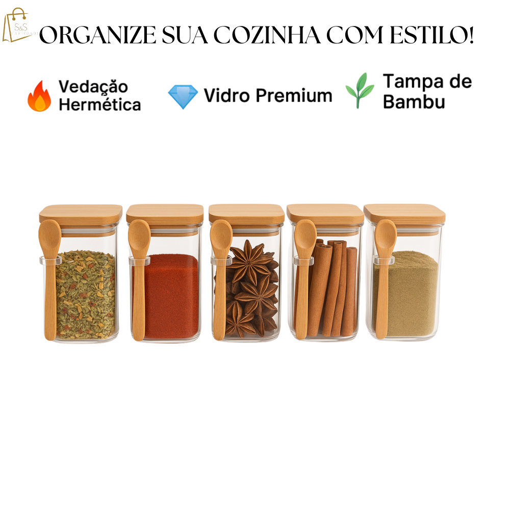 Kit 5 ou 10 Potes Herméticos de Vidro 250ml Quadrado com Tampa e Colher de Bambu