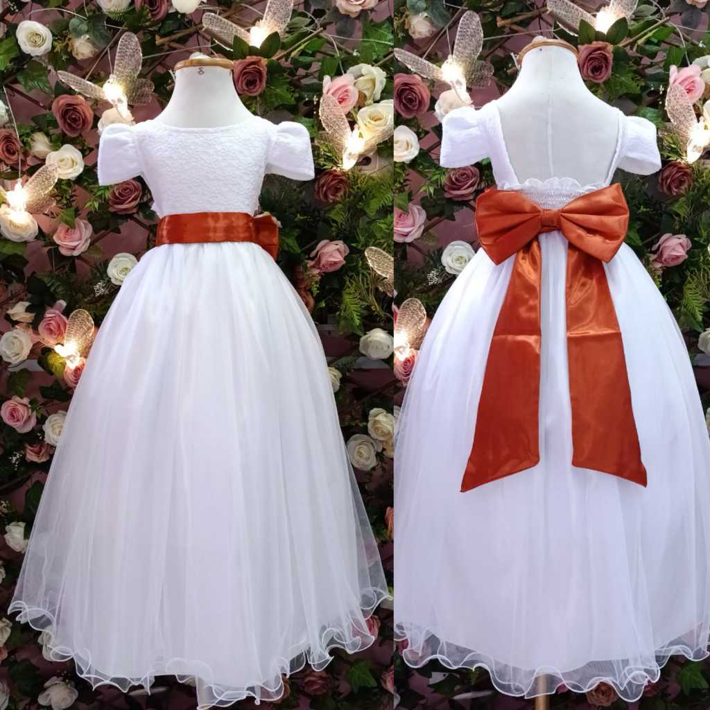 VESTIDO DE FESTA INFANTIL E JUVENIL BRANCO LONGO FAIXA E LAÇO