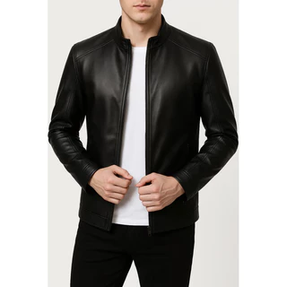 Jaqueta Masculina Couro Sintético Casual Lisa Sem Ziper Slim Fit Estilo Moderno Bolsos laterais