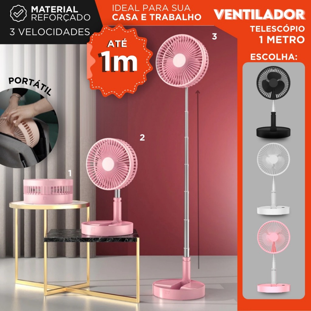 Mini Ventilador Dobrável Recarregável | Altura Ajustável até 1m ...