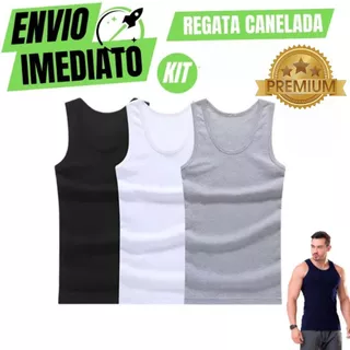 Kit De 3 Regata Premium Masculina Modelo Americano Canelada Algodão e Elastano Malha Encorpada Ultra Conforto