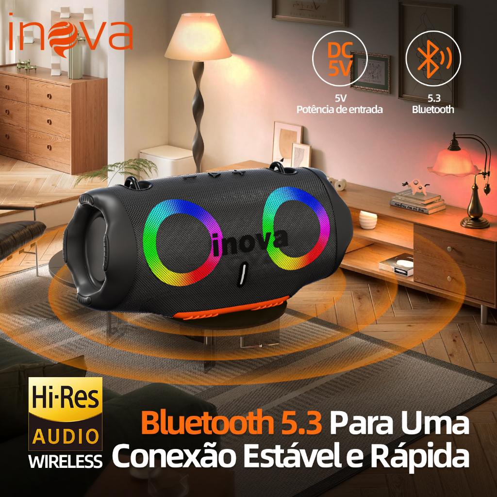 INOVA Caixa de Som Bluetooth Portátil 16W HiFi TWS Caixinha de Som com RGB FM IPX6 Som Estéreo Graves Intensos